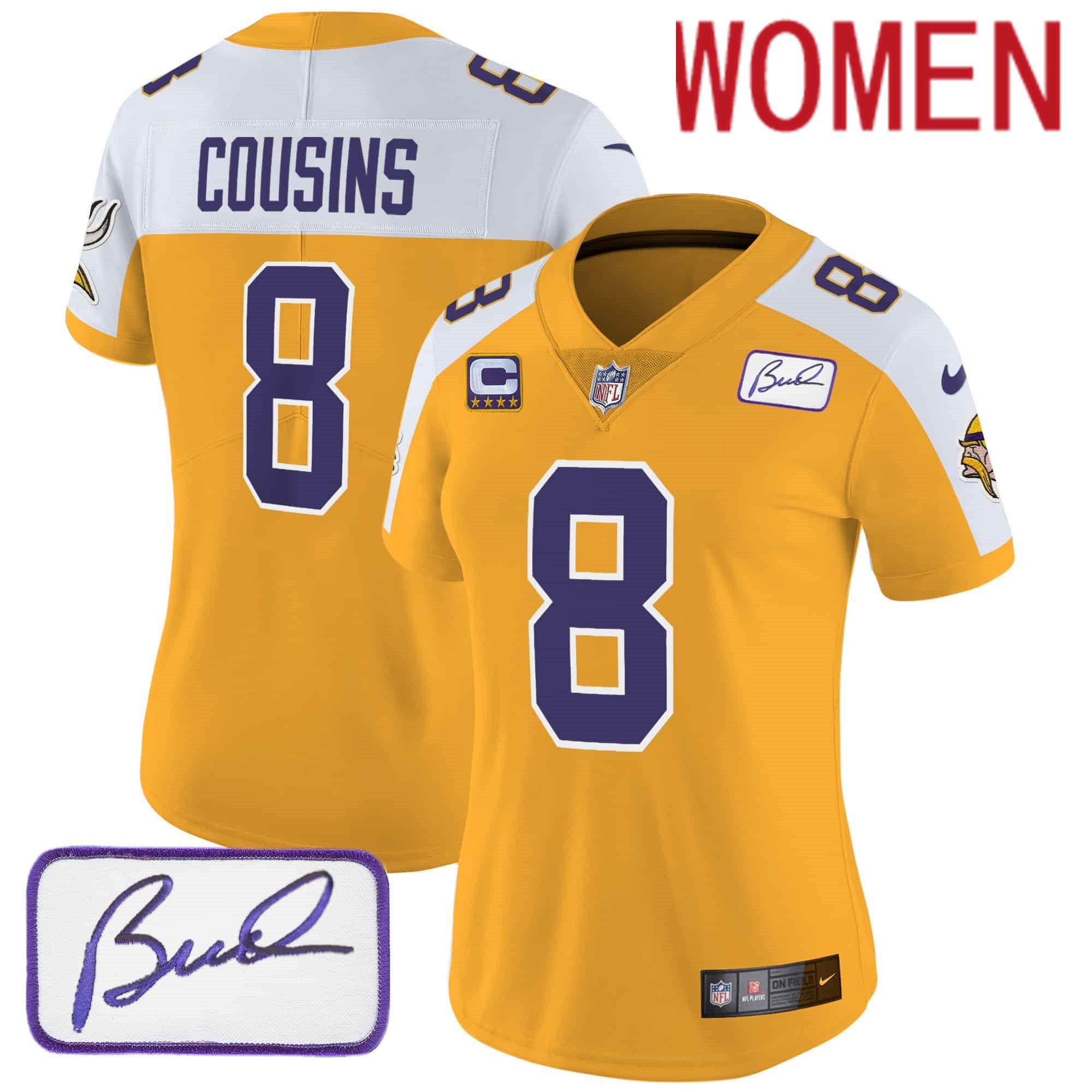 Women Minnesota Vikings #8 Cousins Yellow 2024 Nike Bud Grant Patch Classic Limited NFL Jersey style 1